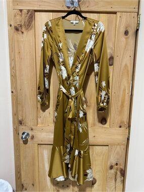 Floral Wrap Satin Robe Dress - Mustard Yellow